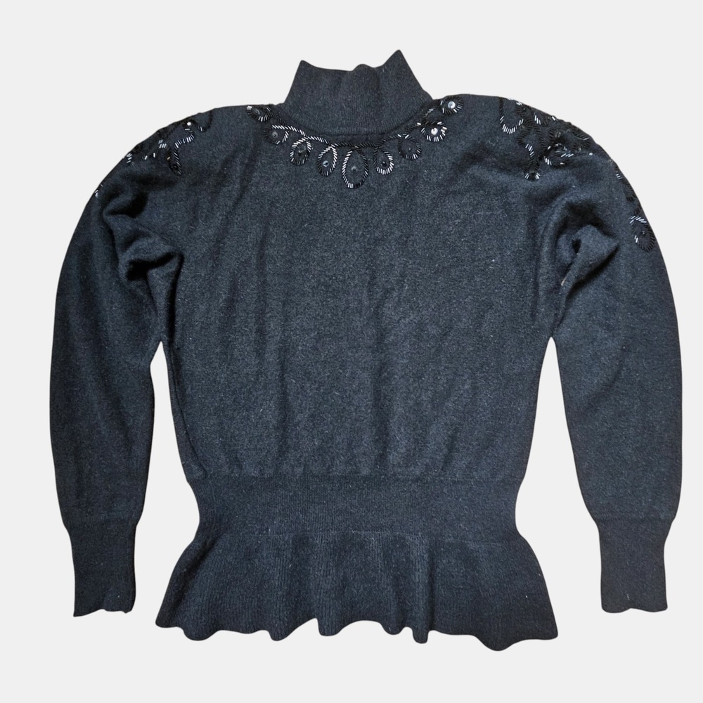 Vintage TJW By Mervyn's Lambswool Beaded Turtle‎ Neck Peplum Sweater M Knit 80s